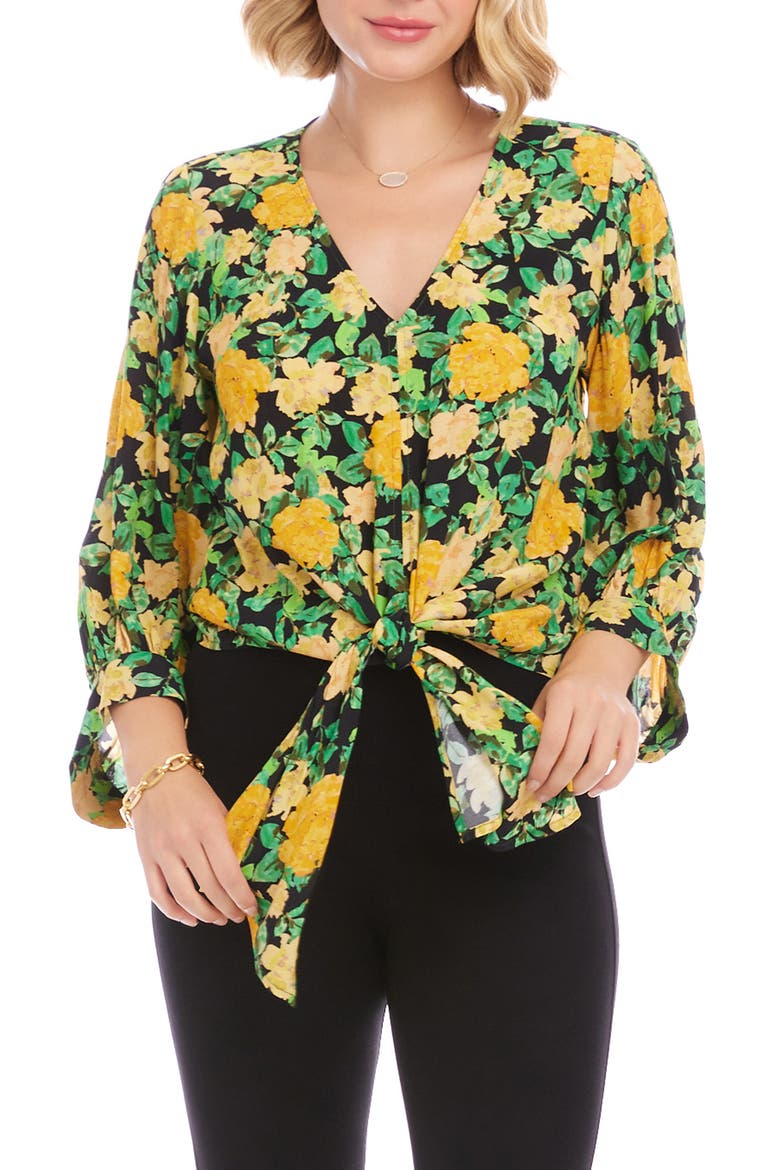 Floral Print Tie Front Top, Main, color, YELLOW FLORAL