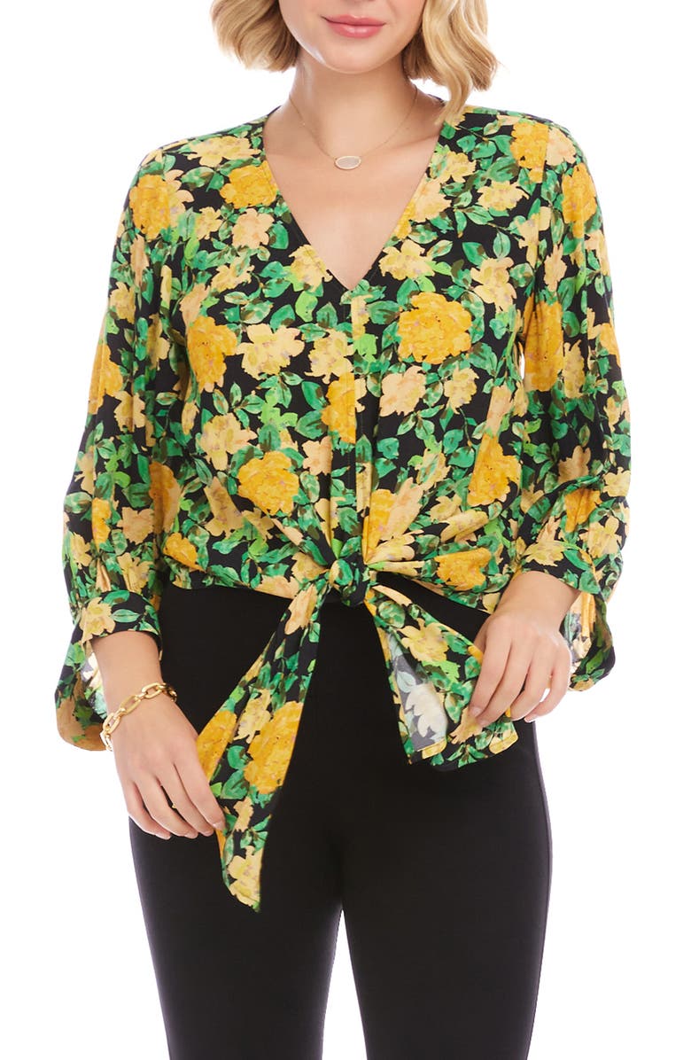 Karen Kane Floral Print Tie Front Top, Main, color, Yellow Floral