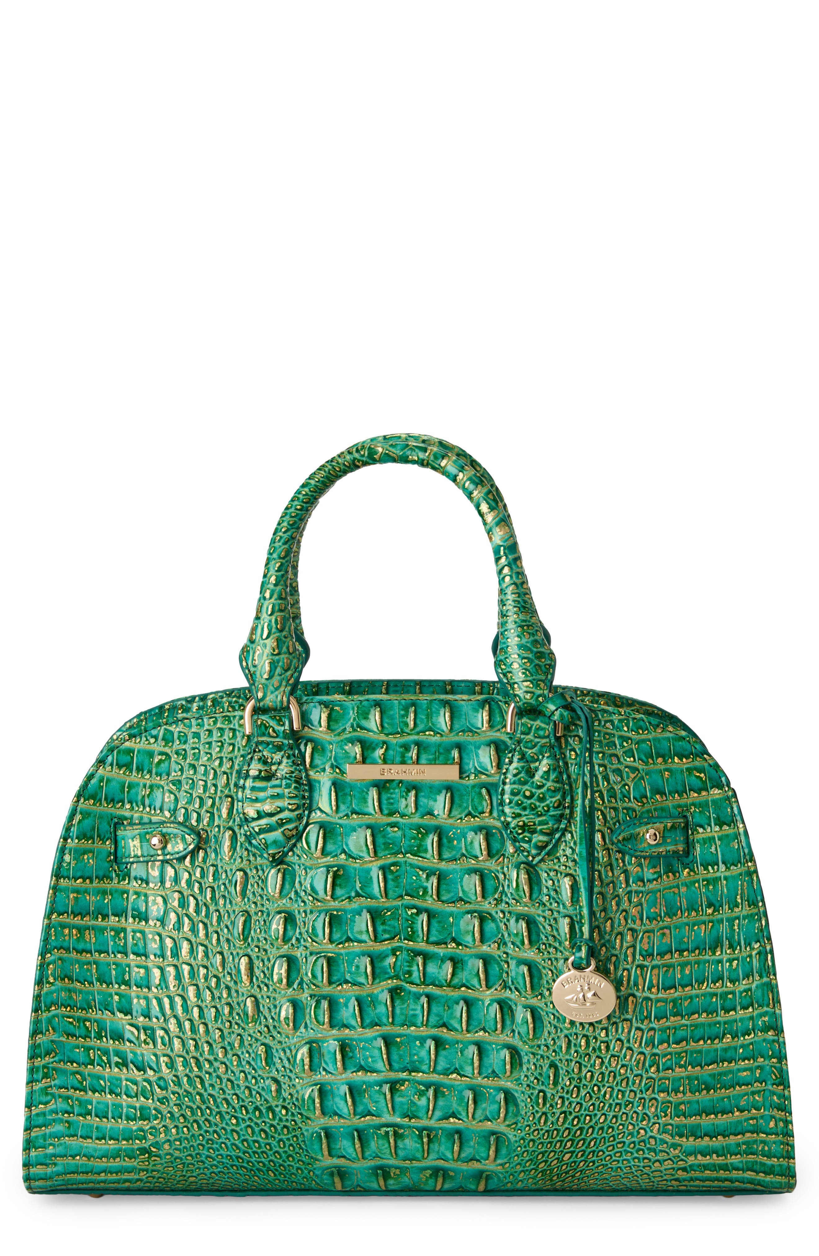 Angelina Croc Embossed Leather Shoulder Bag, Main, color, JUNGLE JEWEL