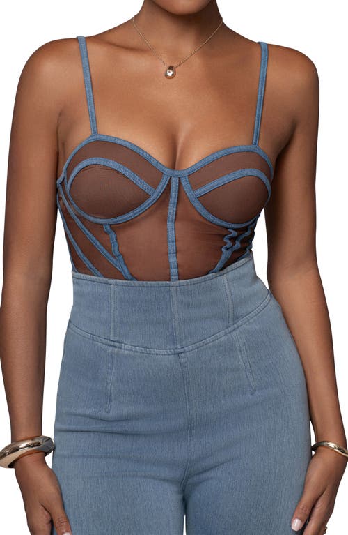 Jluxlabel Denim Illusion Mesh Bustier Top In Brown