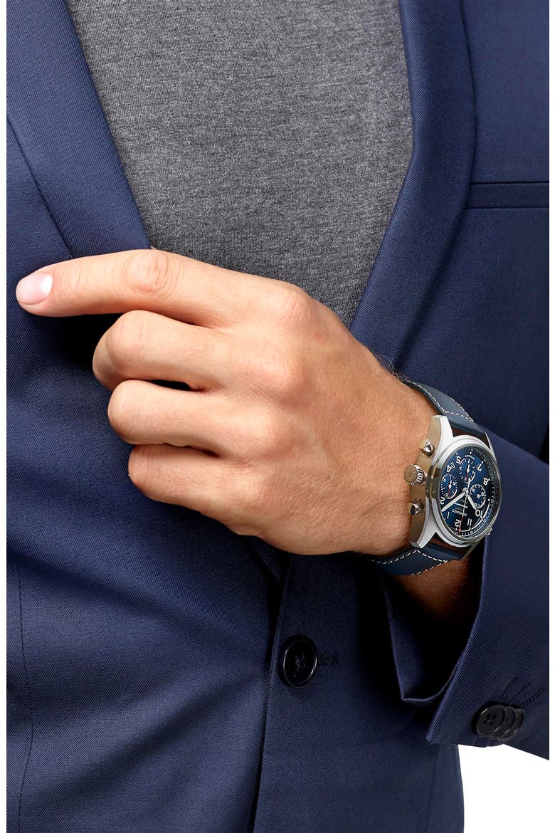 Spirit Automatic Chronograph Leather Strap Watch, 42mm, Alternate, color, BLUE/ SILVER