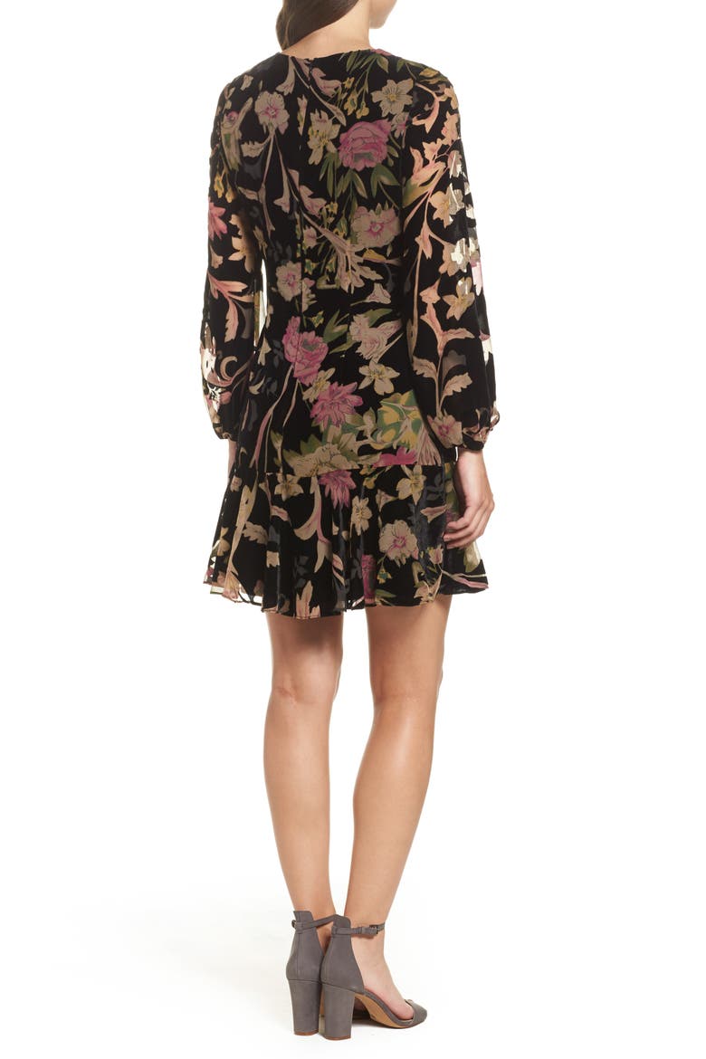 Floral Print Velvet Shift Dress, Alternate, color, BLACK