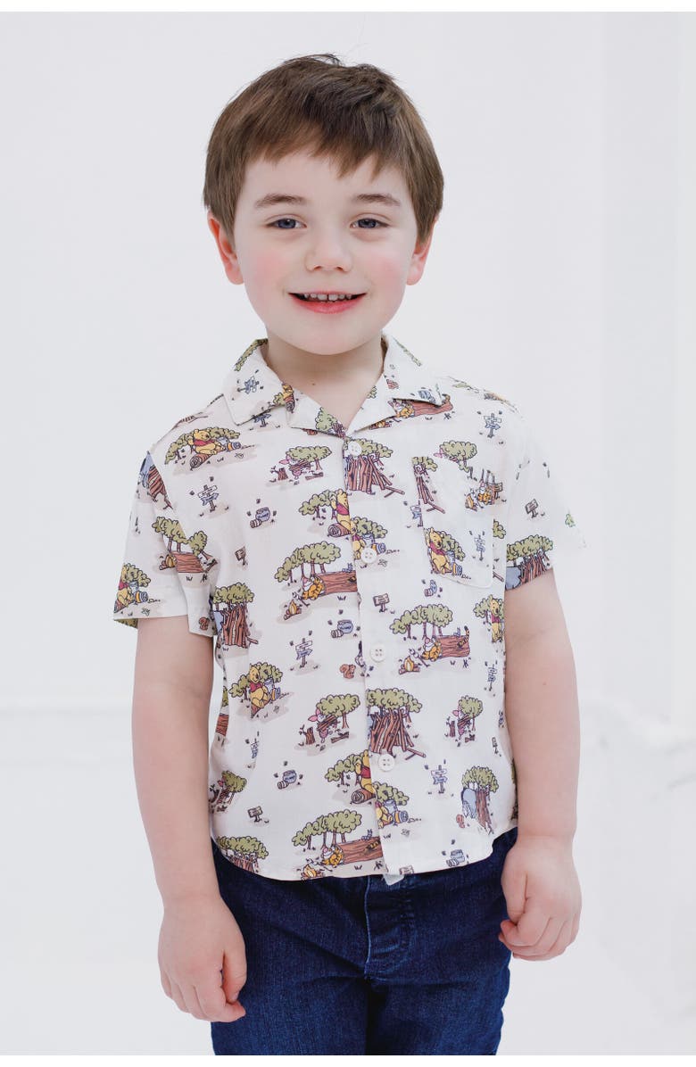 Disney Winnie the Pooh Short Sleeve Button Down Shirt, Alternate, color, Beige