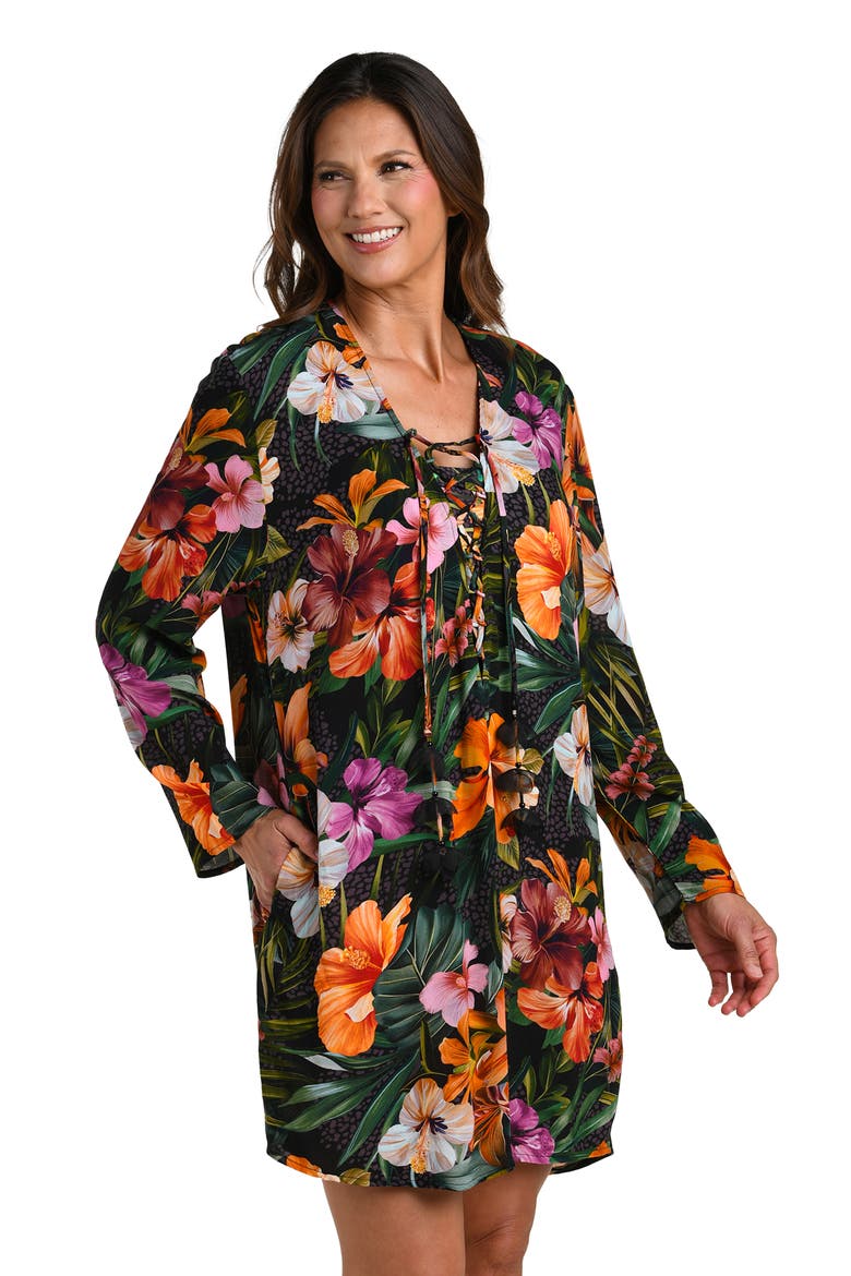 Tropical Hideaway Lace-Up Cover-Up Tunic, Alternate, color, BROWN MULTI