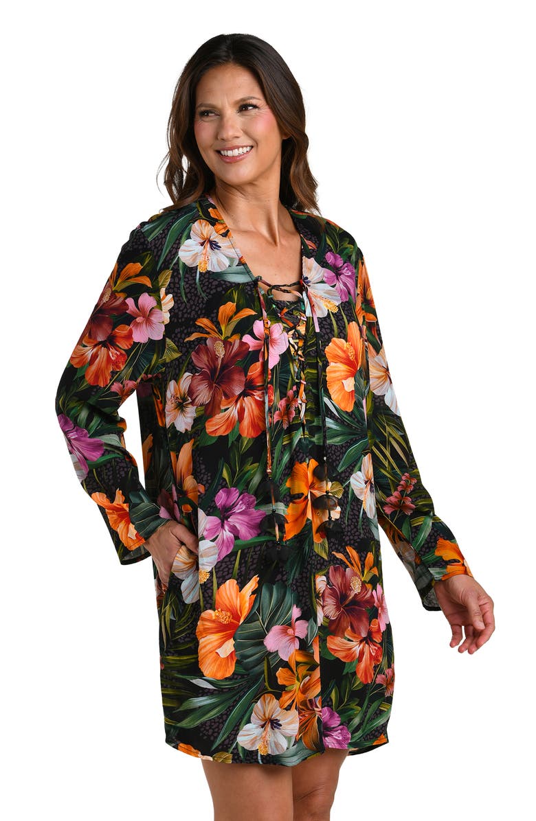 La Blanca Tropical Hideaway Lace-Up Cover-Up Tunic, Alternate, color, Brown Multi