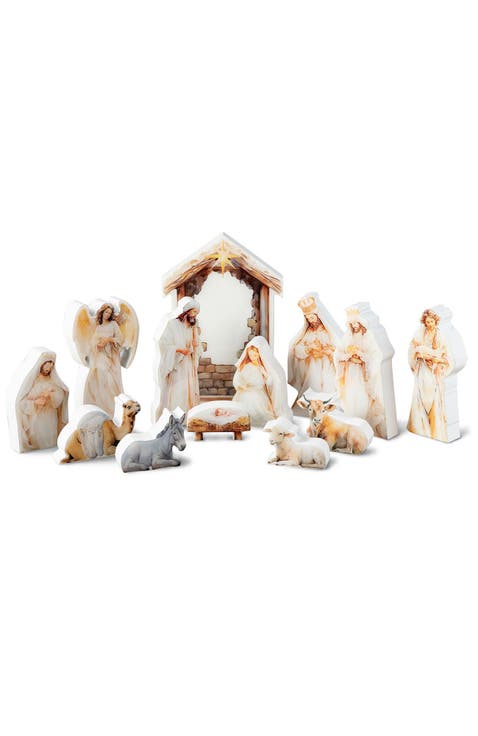 13pcs Christmas Wooden & Epoxy Resin Nativity Figurine Set
