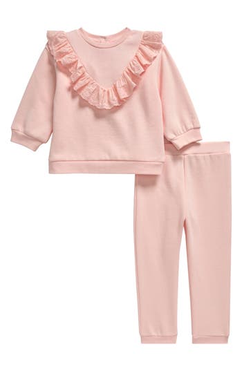 Little Me Baby Girls Ruffled Eyelet Sweatshirt & Pants, 2 Piece Set In Pink
