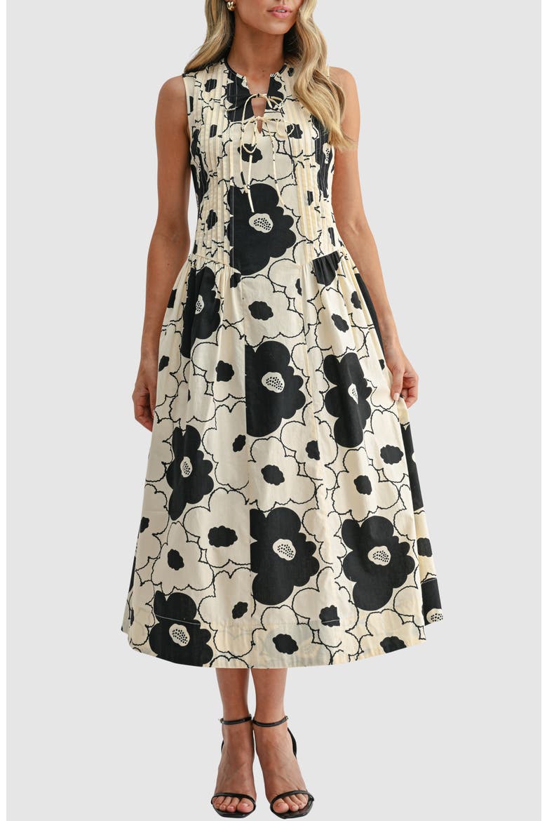 Tie Front Pleated Maxi Dress, Main, color, CREAM BLACK FLORAL
