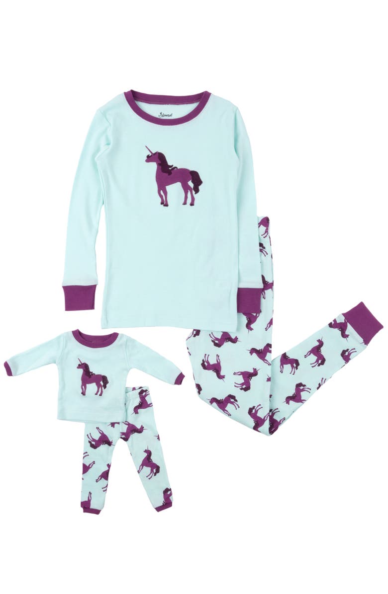 Leveret Girls 2-pc. Cotton Pajamas with Matching Doll Accessory - Unicorn & Fantasy Prints, Alternate, color, Unicorn Purple
