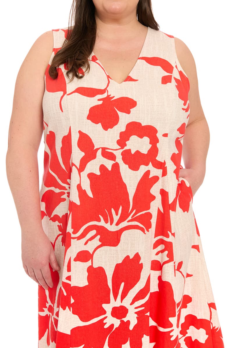 London Times V-Neck Sleeveless Godet A-Line Dress, Alternate, color, Ivory/ Red