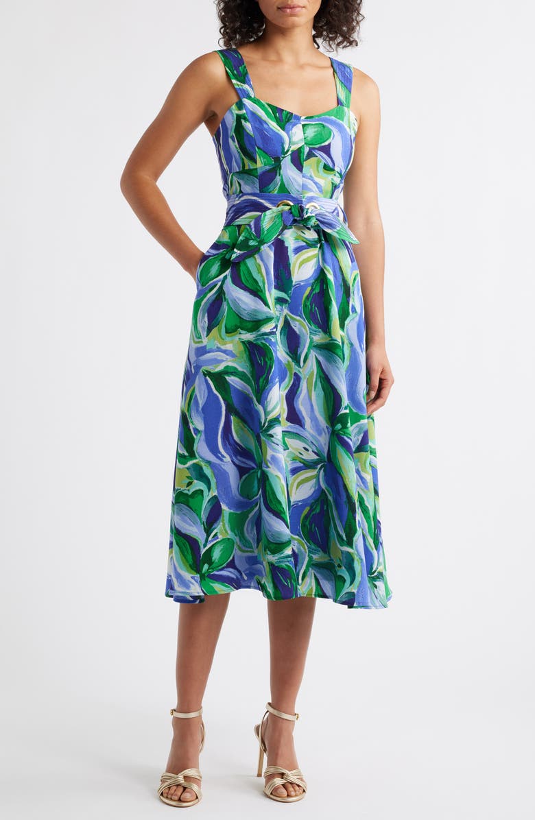 Tahari ASL Sleeveless Midi Dress, Main, color, Pacific Blue Leaf