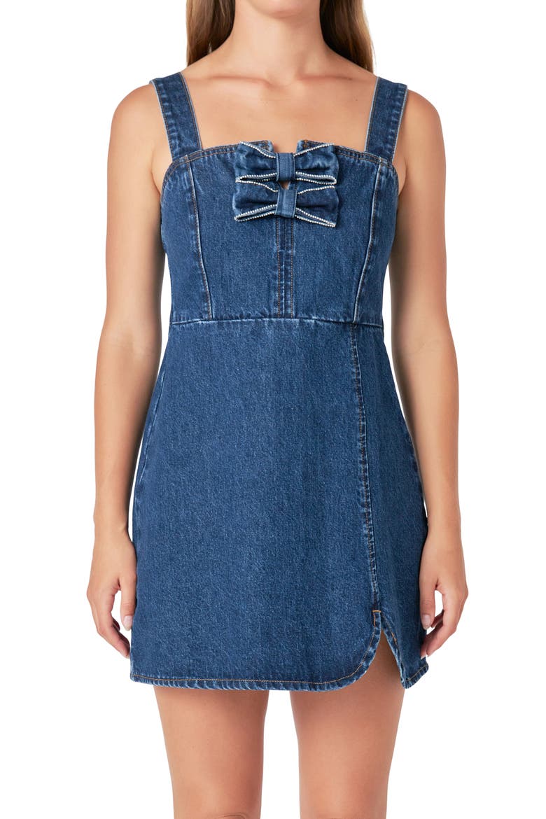 Rhinestone Bow Trim Denim Minidress, Alternate, color, BLUE