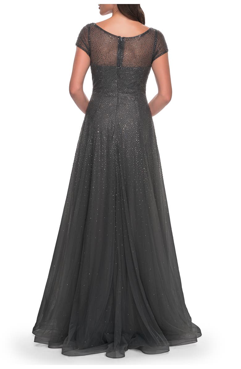 La Femme Beaded A-Line Dress with Illusion Neckline and Sleeves, Alternate, color, Gunmetal