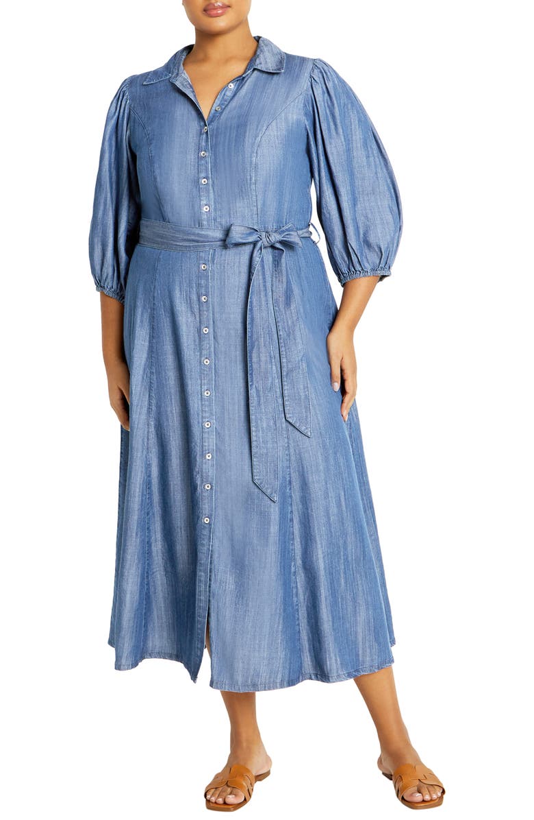 City Chic Matilda Tie Waist Denim Maxi Dress, Main, color,
