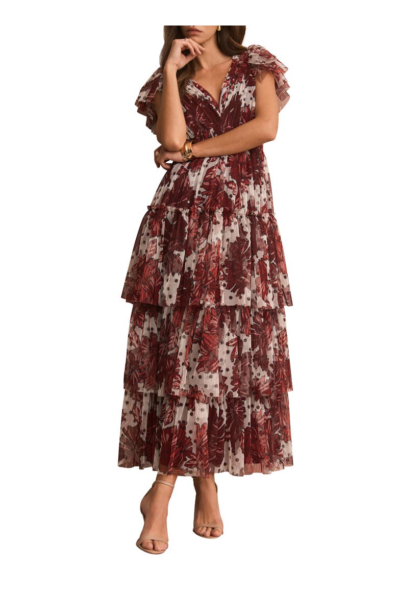 Floral Print Tulle Midi Dress, Main, color, Red