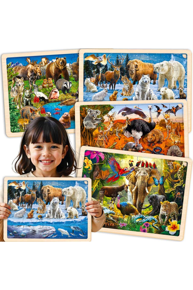 Kids Wooden Puzzle Set - 24, 36 & 48 Piece Montessori Jigsaw Puzzles, Main, color, Yellowstone