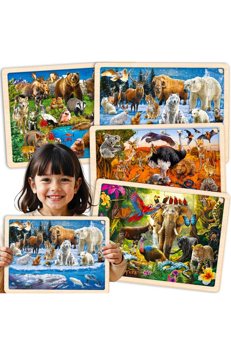 Quokka Wooden Puzzle Set for Kids - 24, 36 & 48 Piece Montessori Jigsaw Puzzles, Main, color, Yellowstone