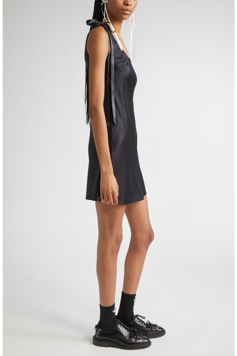 Bow Detail Scoop Neck Silk Satin Minidress, Alternate, color, BLACK