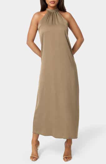 Crushed Satin Mock Neck Maxi Dress