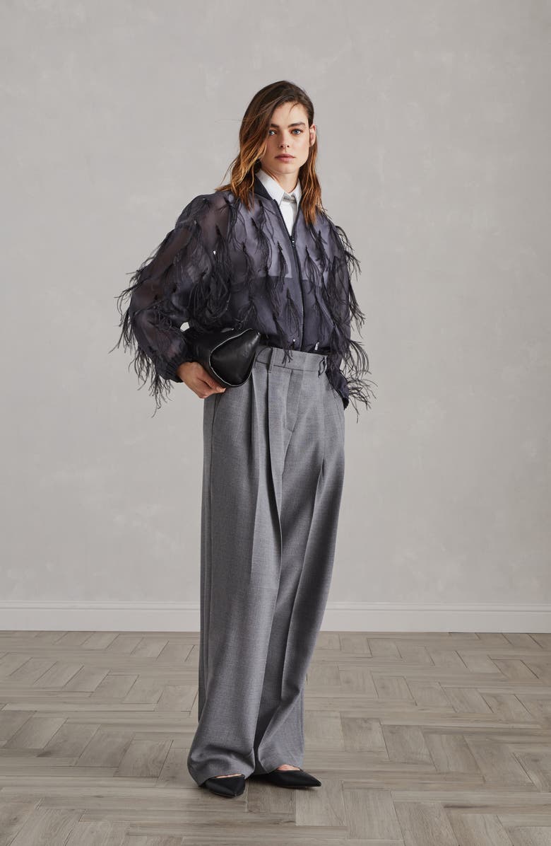 Brunello Cucinelli Crispy silk bomber jacket with dazzling feather embroidery, Alternate, color, 