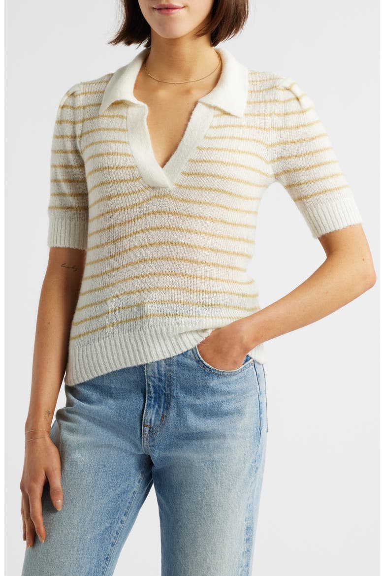 Billy Stripe Short Sleeve Johnny Collar Sweater, Main, color, PISTACHIO SHELL STRI