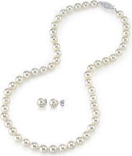 The Pearl Source 8.0-8.5mm Japanese White Akoya Pearl Necklace & Earrings