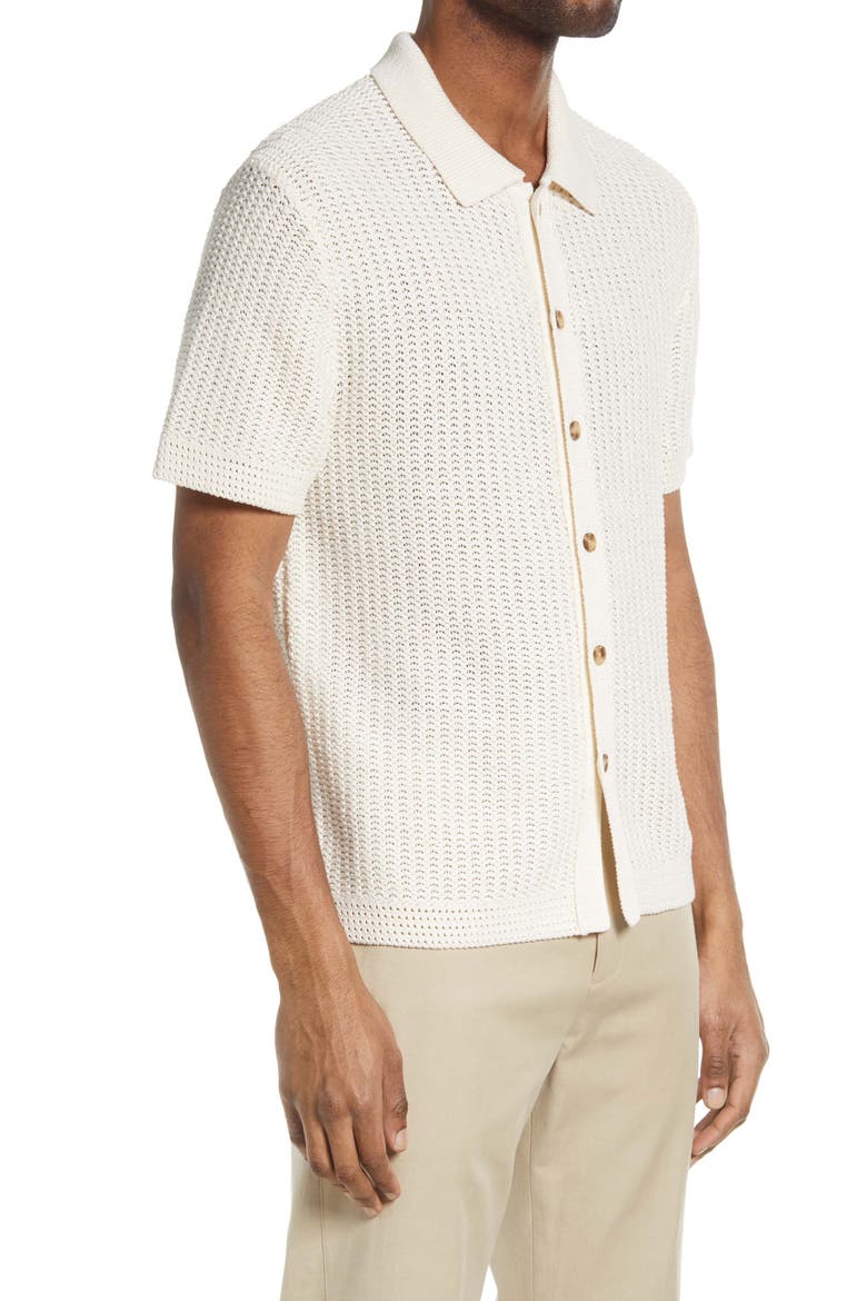 Crochet Cotton Short Sleeve Button-Up Shirt, Alternate, color, BONE
