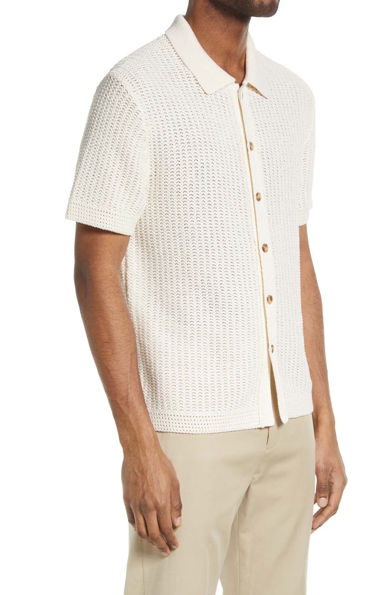 Vince Crochet Cotton Short Sleeve Button-Up Shirt, Alternate, color, 