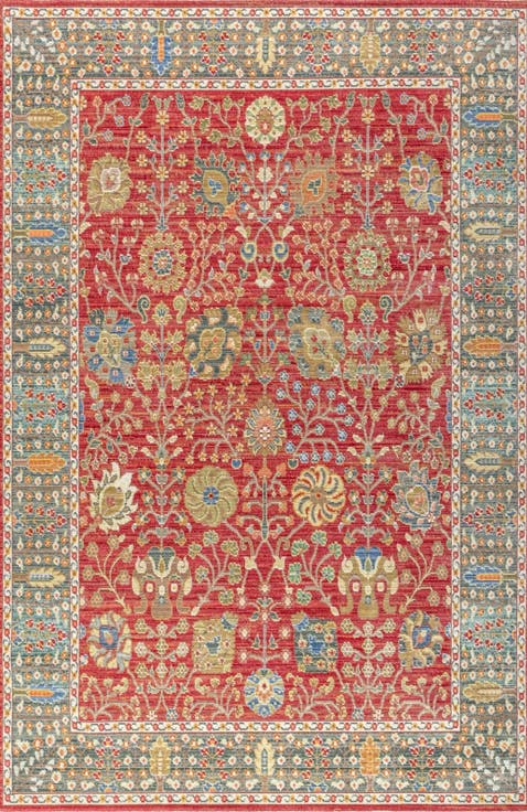 India Flower and Vine Burgundy Area Rug