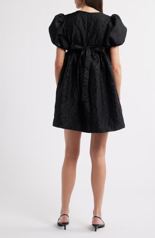 Sister Jane Oyster Jacquard Tie Waist Puff Sleeve Minidress In Black