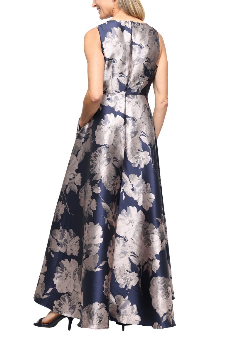 Floral Sleeveless Jacquard Gown, Alternate, color, NAVY/ TAUPE