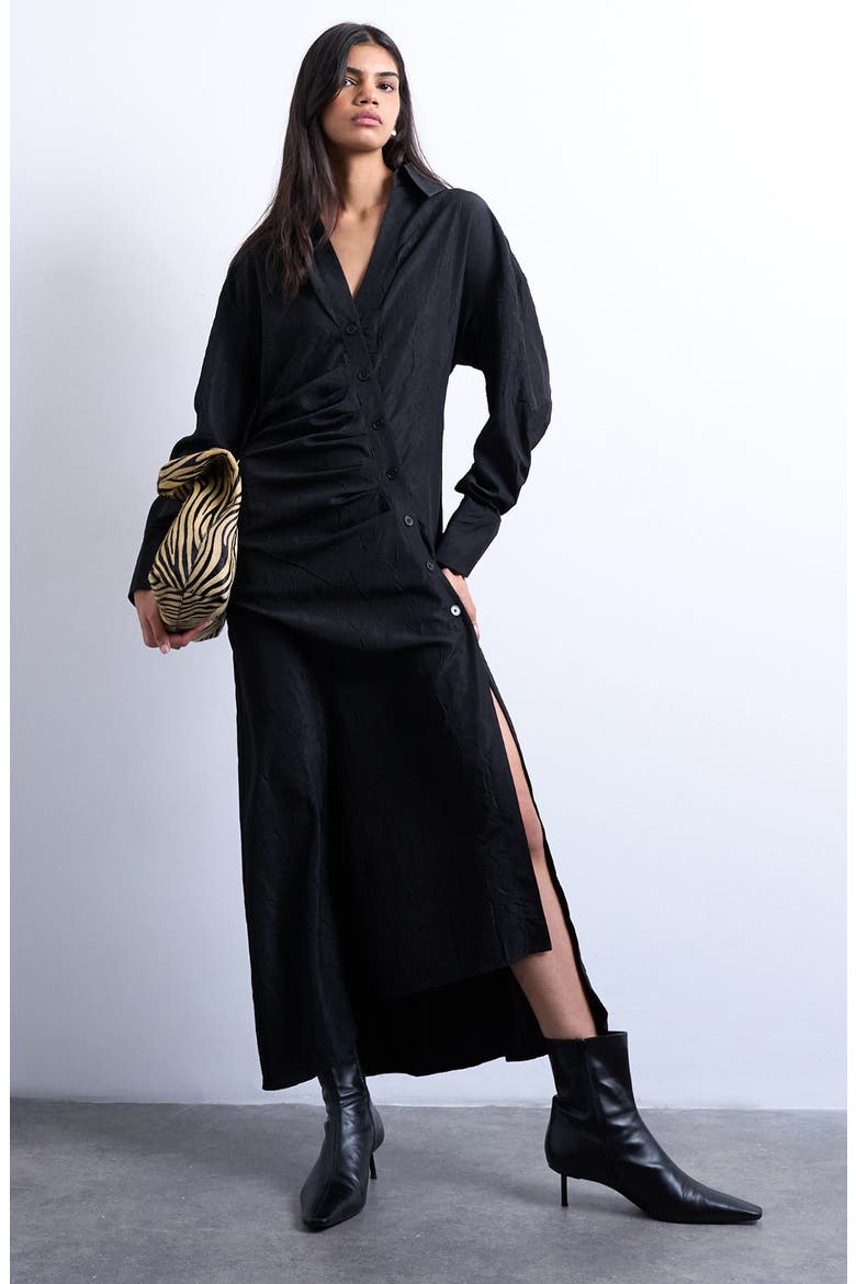 Long Sleeve Textured Shirtdress, Main, color, BLACK