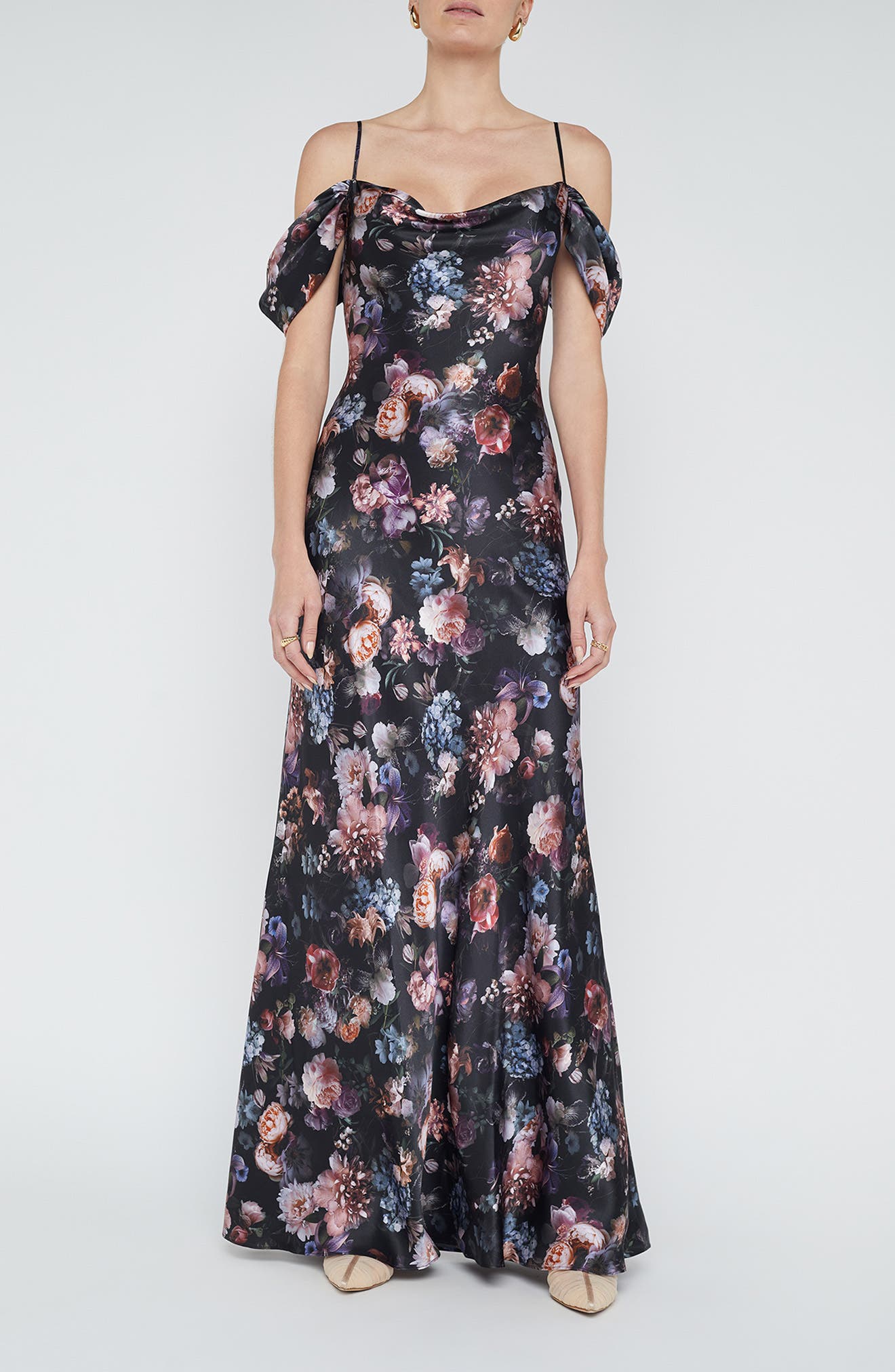 L'AGENCE Kenna Floral Print Cold Shoulder Silk Maxi Dress