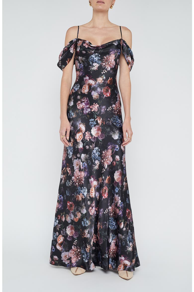 Kenna Floral Print Cold Shoulder Silk Maxi Dress, Main, color, BLACK MULTI VINTAGE OIL FLOWER