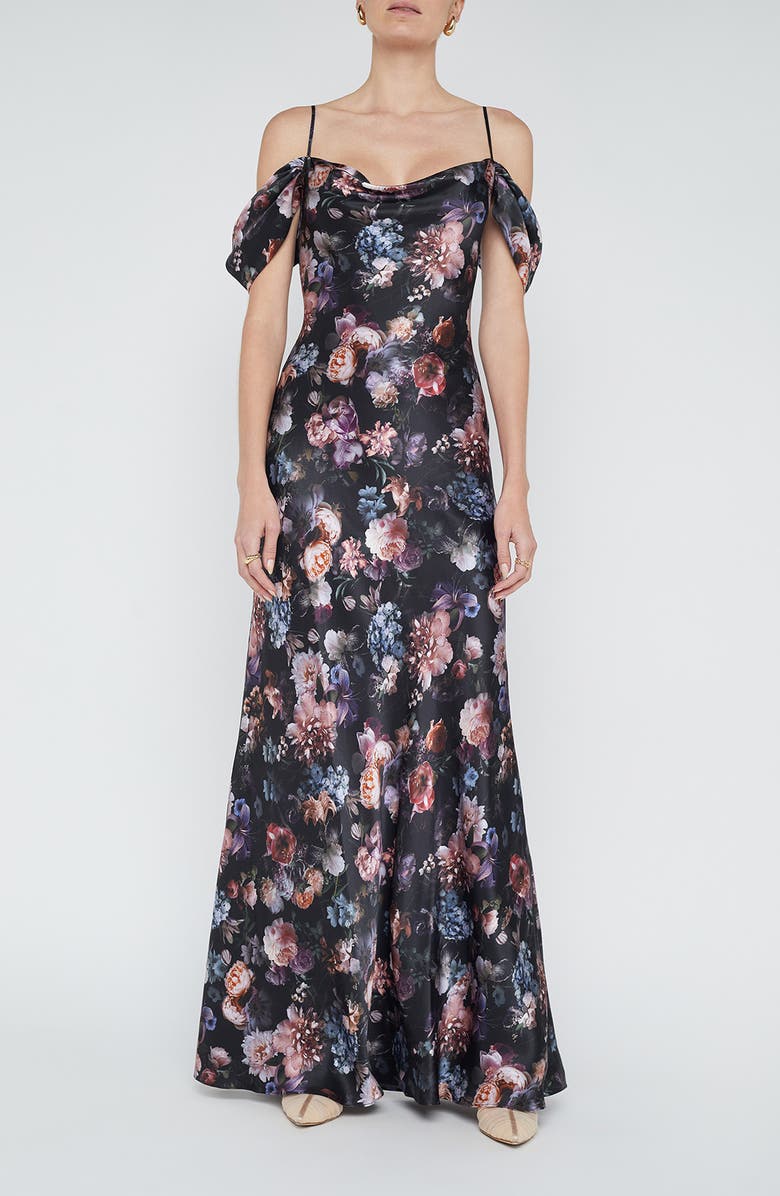 L'AGENCE Kenna Floral Print Cold Shoulder Silk Maxi Dress, Main, color, Black Multi Vintage Oil Flower