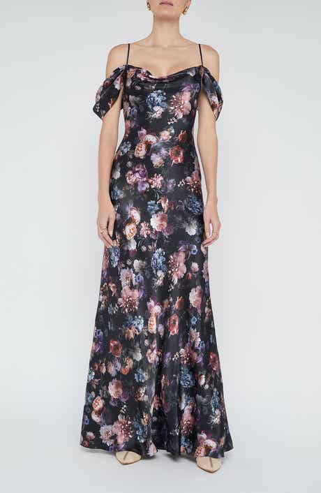 L'AGENCE Kenna Floral Print Cold Shoulder Silk Maxi Dress