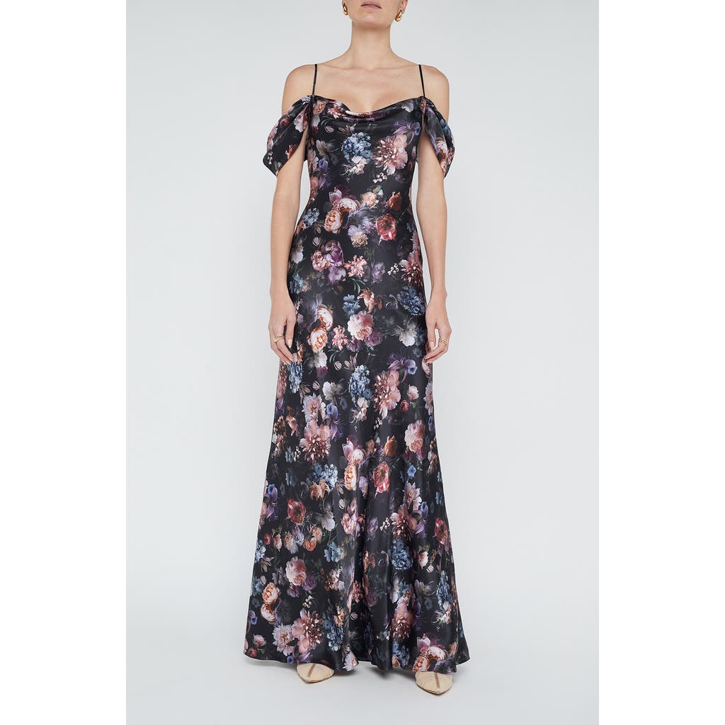 L'agence Kenna Floral Print Cold Shoulder Silk Maxi Dress In Blue