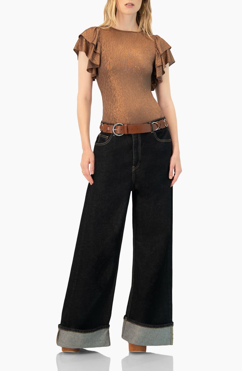 IVONNE Ruffled Sleeve Round Neck Bodysuit, Alternate, color, Copper