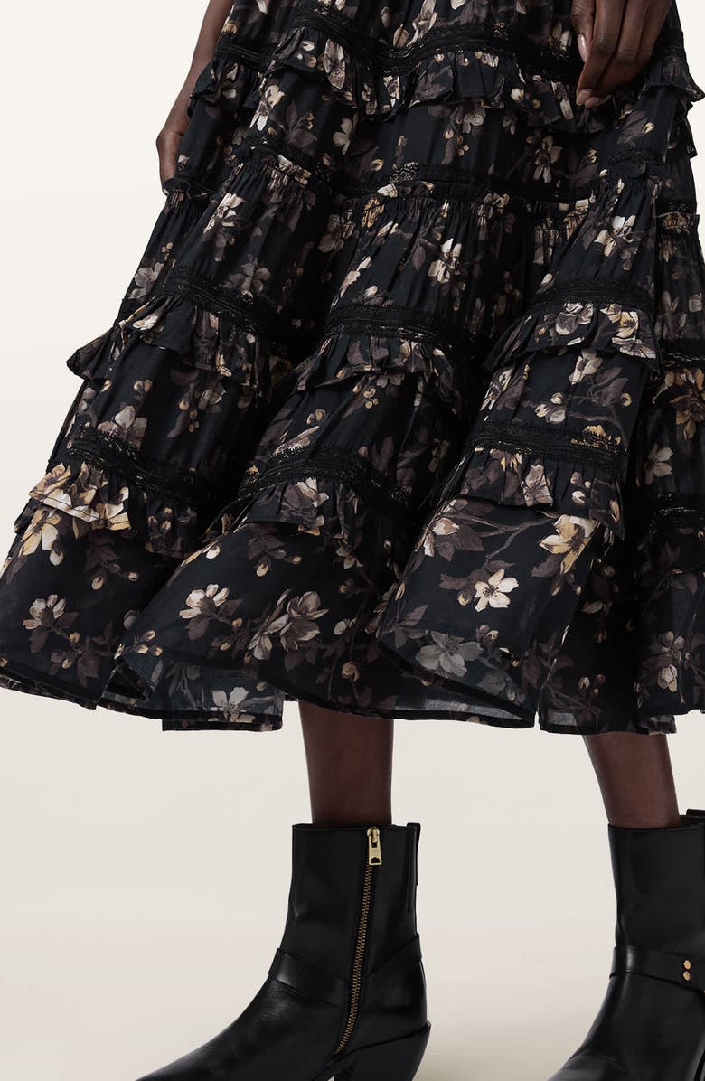 AllSaints Talia Floral Print Ruffle Lace Maxi Skirt, Alternate, color, Vine Black