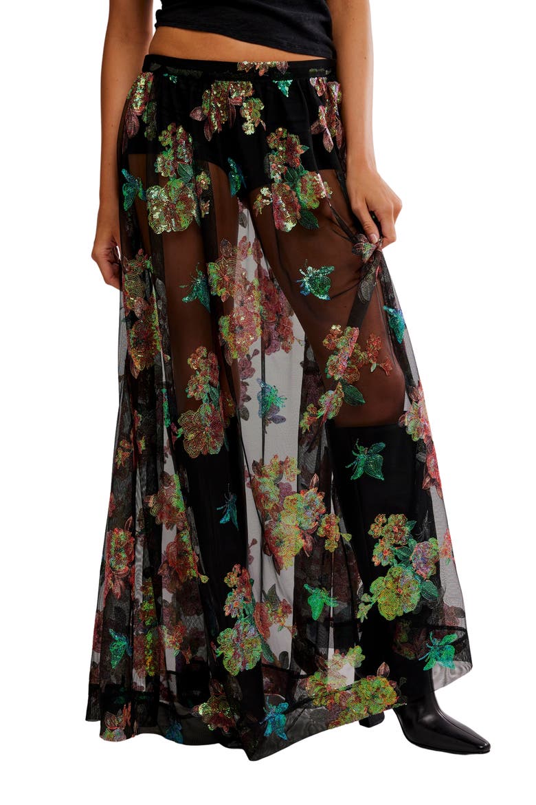 Fioritura Sequin Floral Sheer Maxi Skirt, Main, color, BLACK