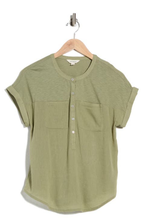 Mixed Media Short Sleeve Cotton Henley Top