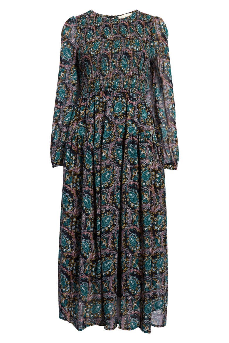 Paisley Smocked Long Sleeve Midi Dress, Alternate, color, BLACK/ TEAL PRINT