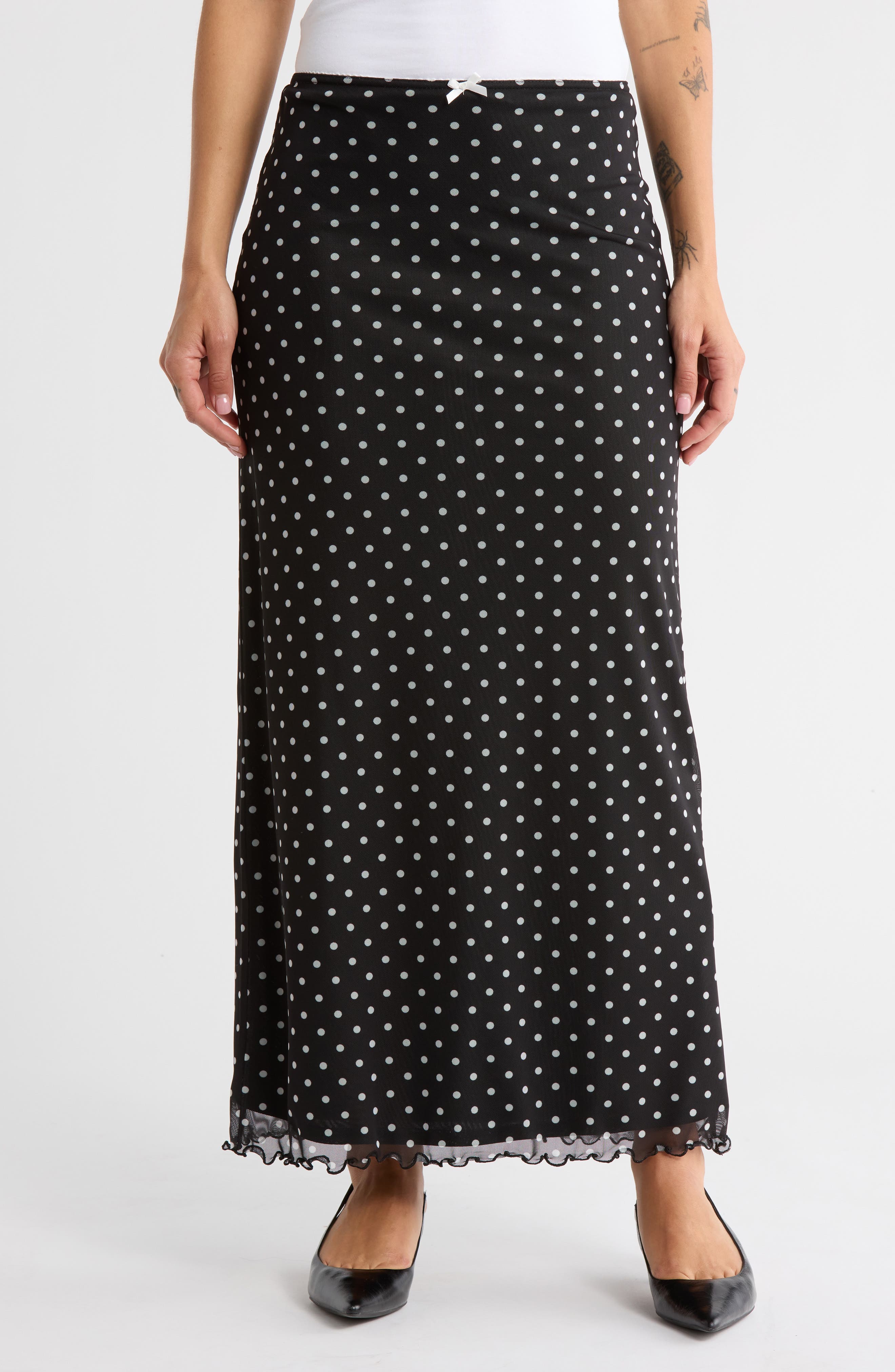 BDG Urban Outfitters Polka Dot Stretch Mesh Maxi Skirt