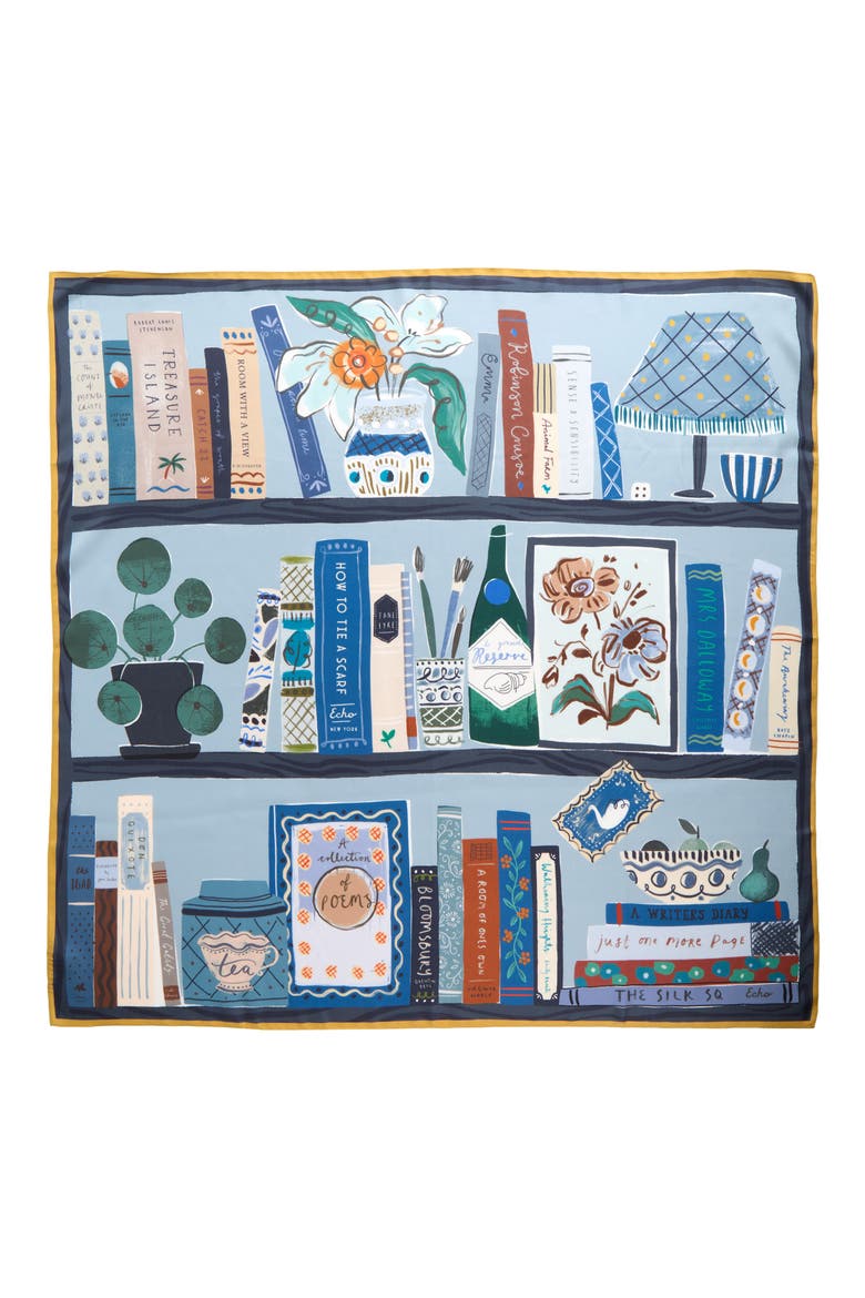 Bookworm Silk Square Scarf, Alternate, color, DENIM BLUE