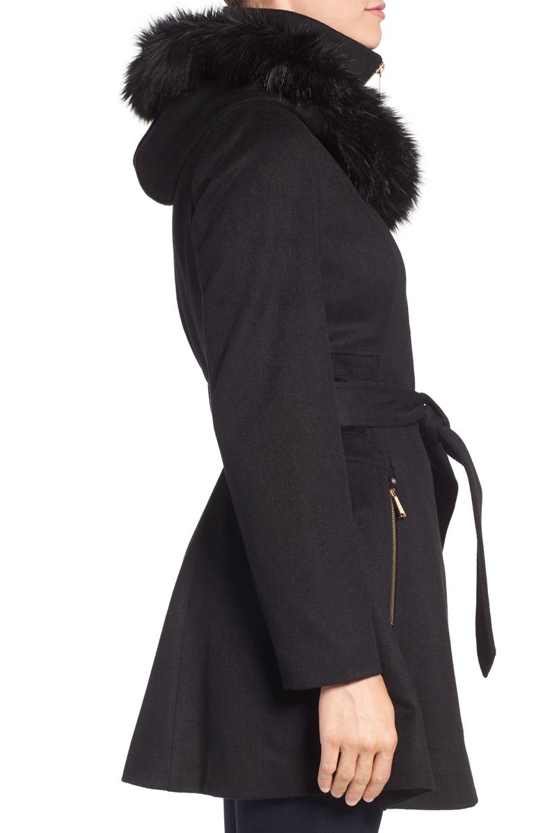 Laundry by Shelli Segal Belted Fit & Flare Coat with Faux Fur Trim, Alternate, color,