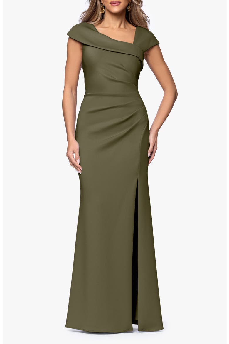 Asymmetric Neck Scuba Knit Trumpet Gown, Main, color, OLIVE