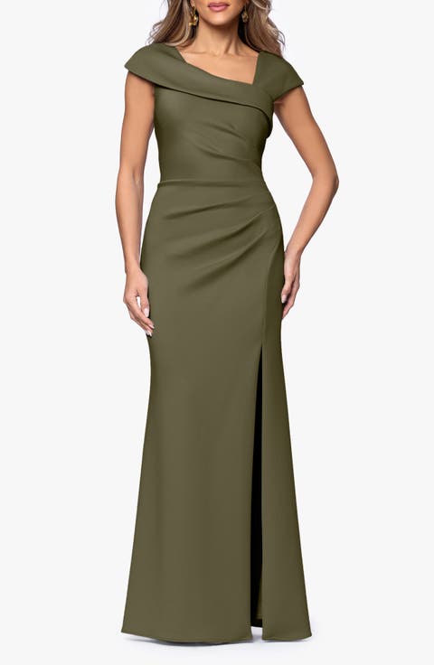 Asymmetric Neck Scuba Knit Trumpet Gown
