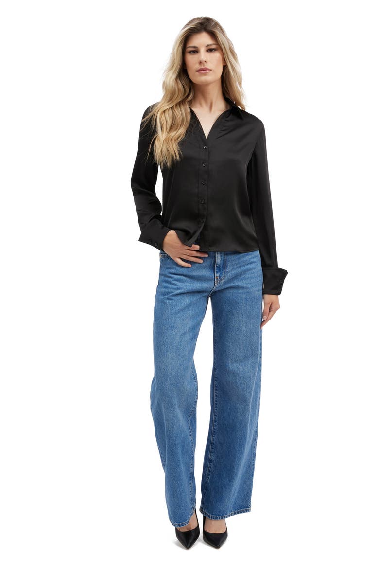 Satin Button-Up Shirt, Alternate, color, BLACK