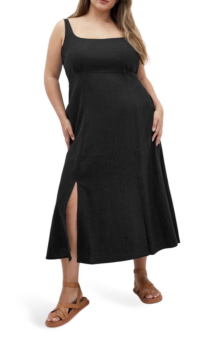 Elly Square Neck Linen Blend Sundress, Main, color, BLACK