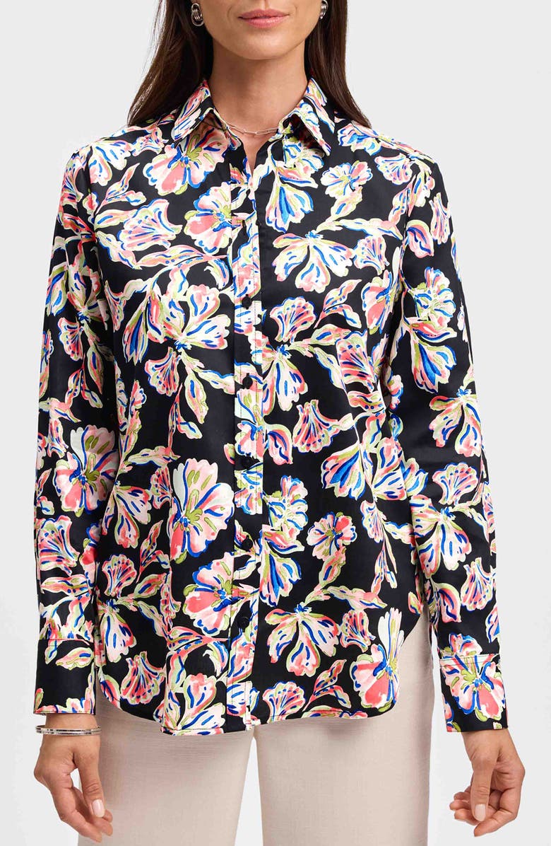 Foxcroft Meghan Floral Print Cotton Button-Up Shirt, Main, color, Black Multi